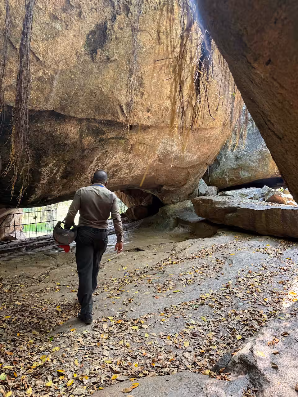 Gunarathna walking beneath a monumental rock shelter